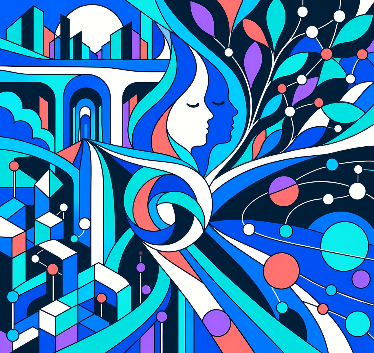 Fresque Tech Riders : arches, cités cubiques, visages et feuillages dans un bleu électrique